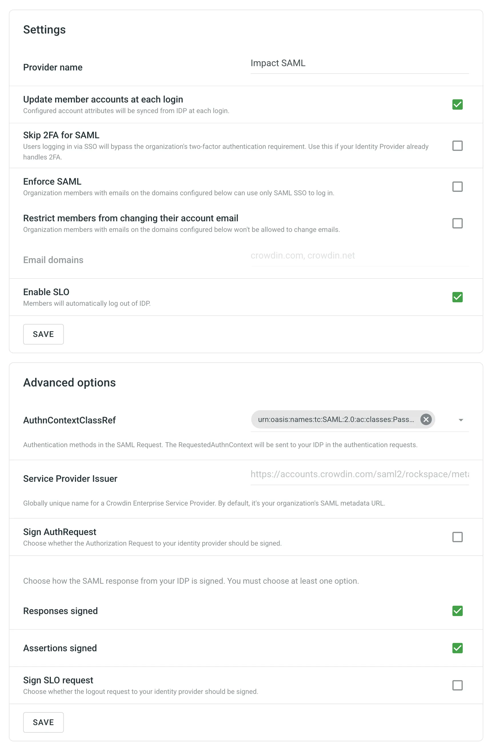 SAML Advanced Options